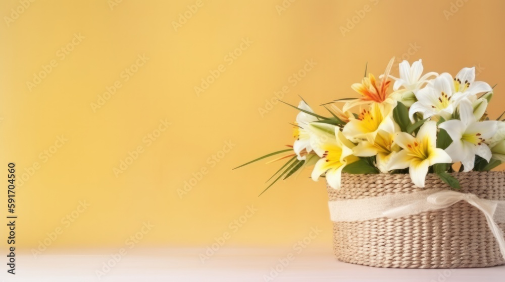 Straw basket with flowers, lilies and daisies, white and yellow with copy space. Generative AI.