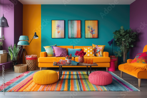 Interior design of a unique living room with cozy sofas, colorful pillows, colorful armchairs, and textured rug, Bold and colorful living room with bright furniture, generative AI © Kien