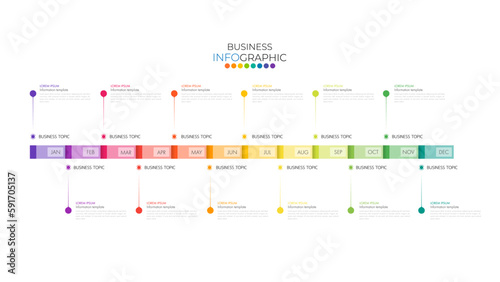 Infographic business year plan tenmplate and breakdown details 12 months can be use for a presentation about business plan.