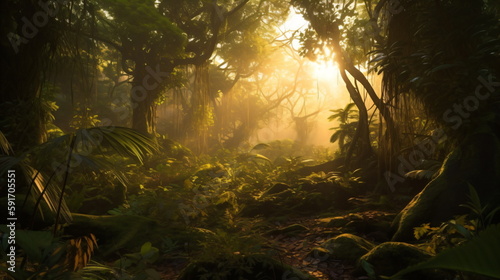 Rainforest Sunrise with Golden Rays Illuminating a Lush Canopy in the Morning Glow. Generative AI