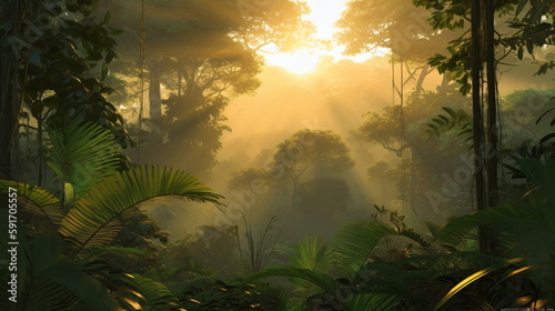 Rainforest Sunrise with Golden Rays Illuminating a Lush Canopy in the Morning Glow. Generative AI © Akash