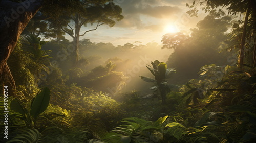Rainforest Sunrise with Golden Rays Illuminating a Lush Canopy in the Morning Glow. Generative AI