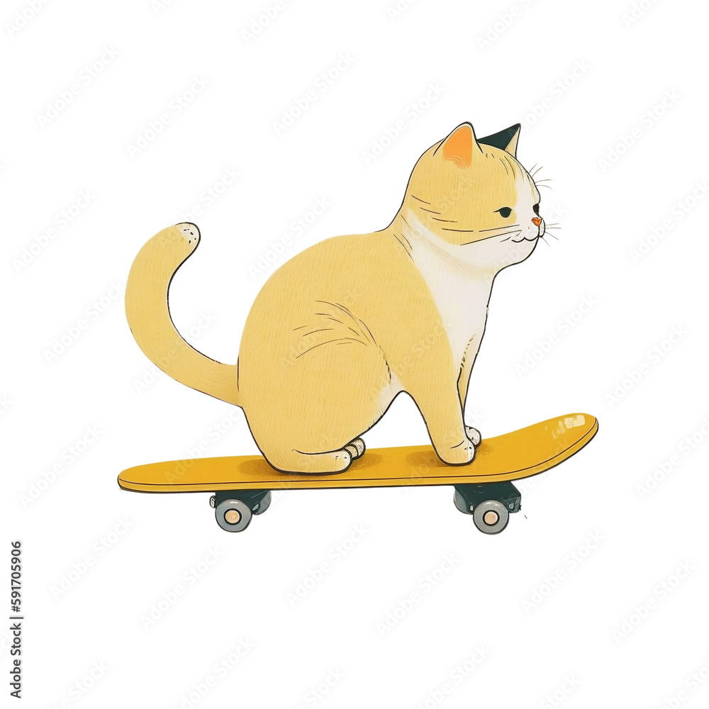 Obraz premium Illustration Cartoon of Cute Cat on Skateboard for Sticker PNG Illustration. AI Generative