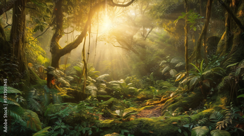 Rainforest Sunrise with Golden Rays Illuminating a Lush Canopy in the Morning Glow. Generative AI