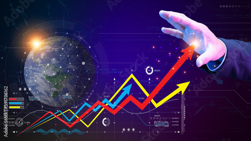 Businessman hand showing virtual increasing technical graph and up arrow for trader analysis. stock, cryptocurrency chart trader, trading, profits and business growth, investment and finance concept.