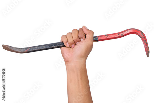 Crowbar in male hand isolated on white. Transparent PNG photo