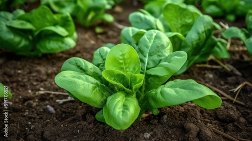 Fresh spinach plants growing in the vegetable garden. Generative AI.