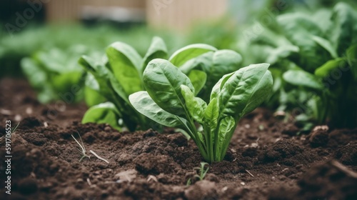 Fresh spinach plants growing in the vegetable garden. Generative AI.