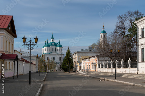 View of the Spassky Cathedral from the Spassky street of the city of Yelabuga on a sunny spring morning, Yelabuga, Tatarstan, Russia