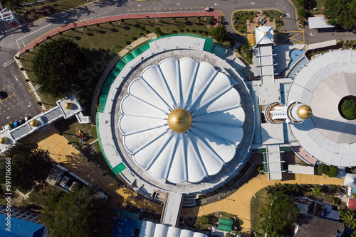 Aerial view of Penang state mosque. The mosque was inspired by Brazilian Oscar Niemeyer's design of Cathedral of Brasilia in Brasilia, capital of Brazil.