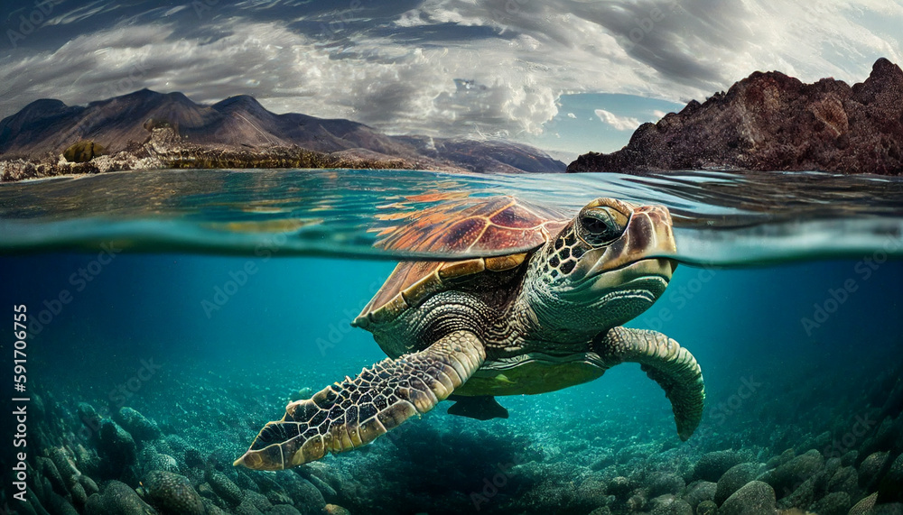 Fototapeta premium An old and wise turtle swimming in the ocean. Generative Ai