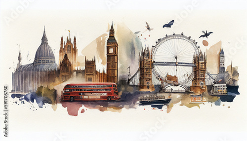 Travel illustration concept for London. Watercolor art style. Generative Ai,