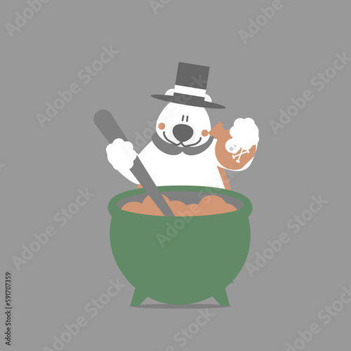 happy halloween holiday festival with polar bear and cauldron with magic potion, flat vector illustration cartoon character design