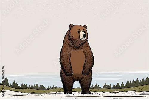brown bear standing upright on its hind legs in the wilderness. Generative AI