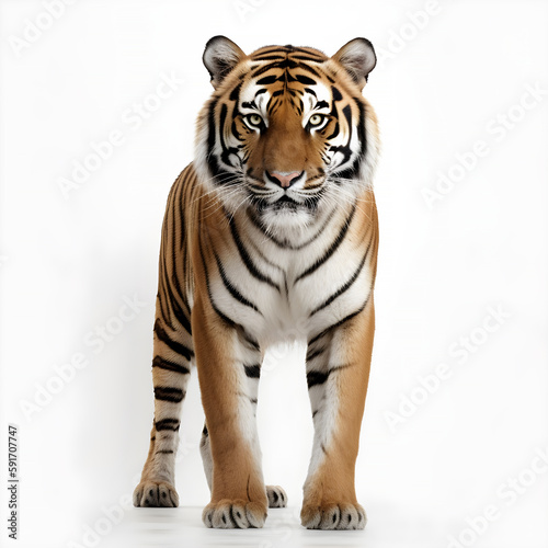 Bengal tiger on white background . The tiger is staring at its prey. Hunter concept    generative ai