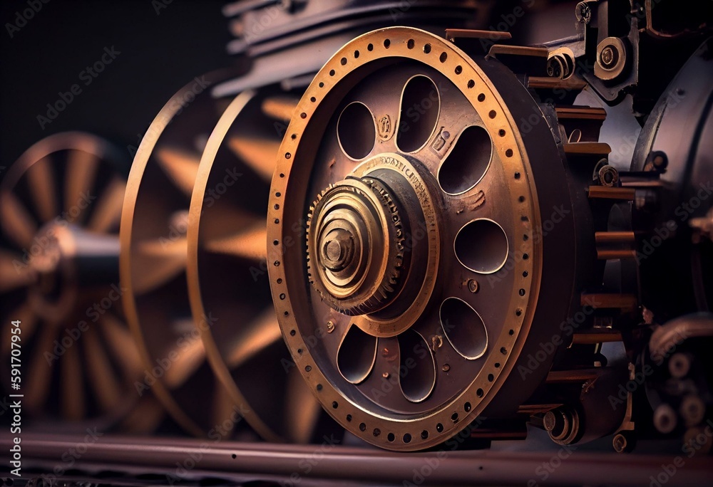 Steam locomotive wheels and coupling rods stylized. Generative AI