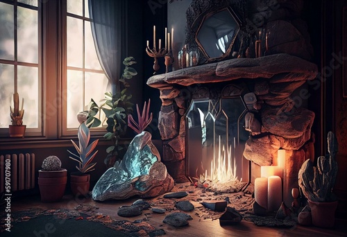 crystal boho room with a fireplace. Generative AI