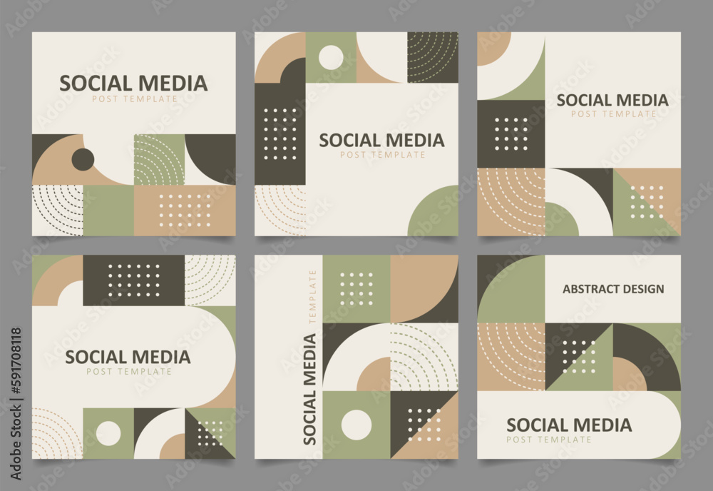 Set of social media post templates with abstract geometric design elements in earth tone colors. Square background design for social media post, web banner, business card, cover, etc.