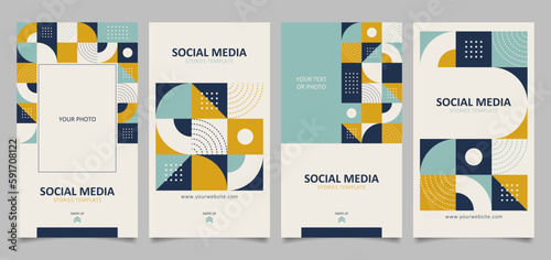 Set of social media stories templates with abstract geometric design elements. Vertical rectangle layout design for social media story, vertical video, web banner, business card, etc.