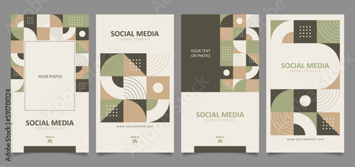 Set of social media stories templates with abstract geometric design elements in neutral colors. Vertical rectangle layout design for social media story, vertical video, banner, business card, etc.