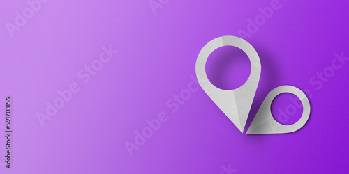 White paper cut into shapes, placement pins. pointer pad location mark set on purple paper background