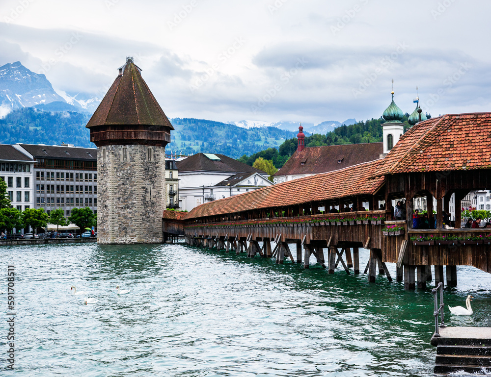 Different look of Chapel bridge across Reuss river in Lucerne, Switzerland.