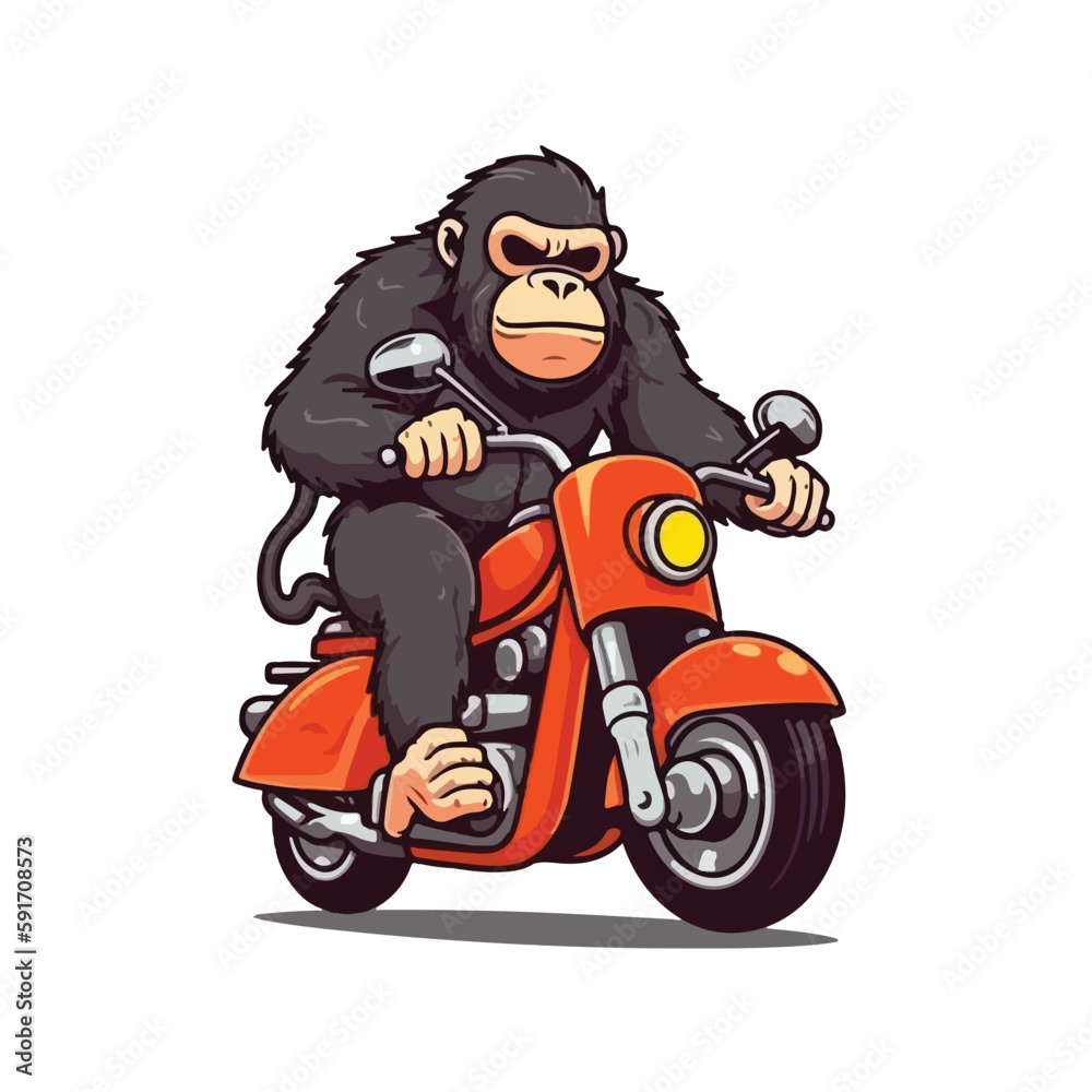 Mascot cartoon of cute smile gorilla monkey apes riding motorbike. 2d character vector illustration in isolated background