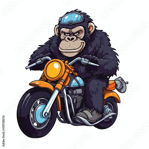 Mascot cartoon of cute smile gorilla monkey apes riding motorbike. 2d character vector illustration in isolated background