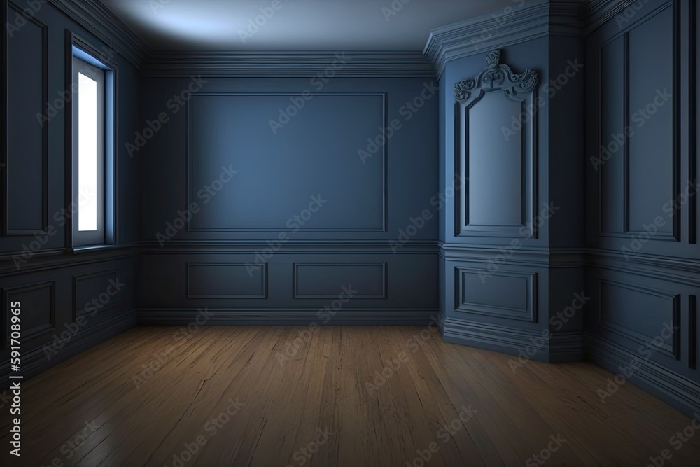 n empty room with blue walls and wooden flooring. Generative AI n empty room with blue walls and wooden flooring. Generative AI