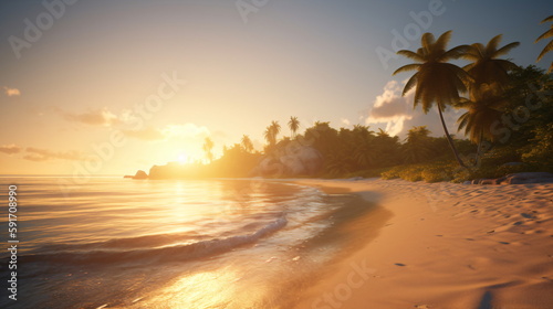 Golden Hour Beach on Morning Sunrise Casting a Warm Glow on the Shoreline. Generative AI © Akash