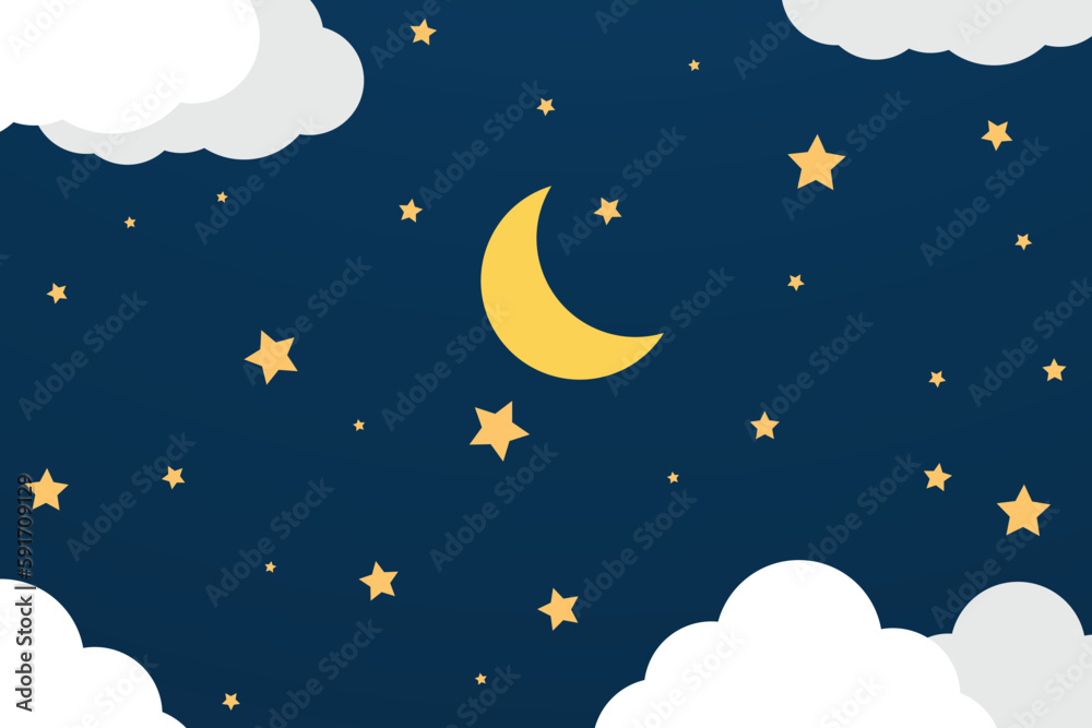 Obraz premium night sky with stars and moon. paper art style. Dreamy background with moon stars and clouds, abstract fantasy background. Half moon, stars and clouds on the dark night sky background.