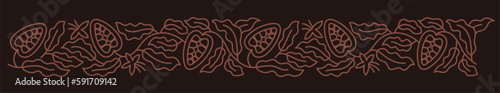 Chocolate background. Cocoa bean floral ornament. Beans and branches leaves. Editable outline stroke. Vector line.