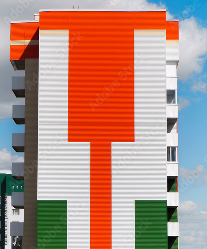 Gable end of multistory apartment house. Urban landscape. Contemporary architecture. Ust-Kamenogorsk, kz. 2021.