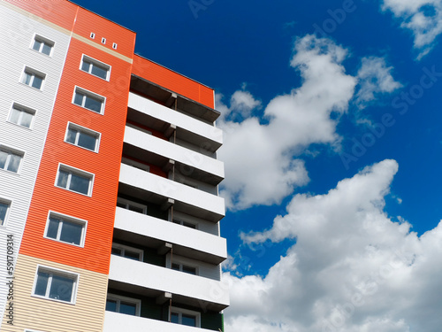 View of new block of flats. Multistory apartment house. Contemporary architecture. Ust-Kamenogorsk, kz. 2021.