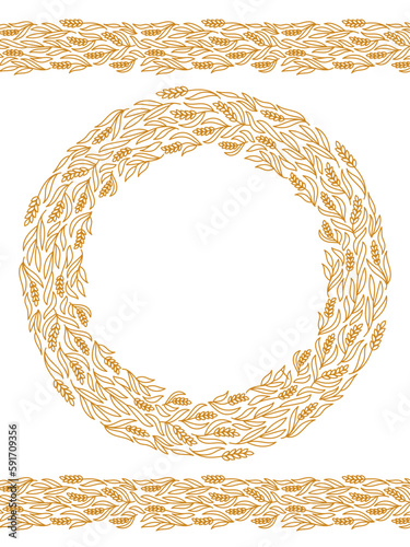 Wheat floral ornament. Circle frame for bakery. Spikelets and ears of wheat, rye or barley. Editable outline stroke. Vector line.