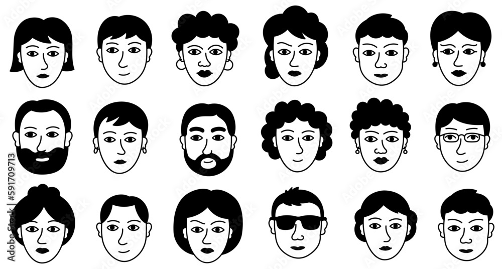 People faces avatar set. Black and white. Vector hand drawn illustration. People faces avatar set. Black and white. Vector hand drawn illustration.