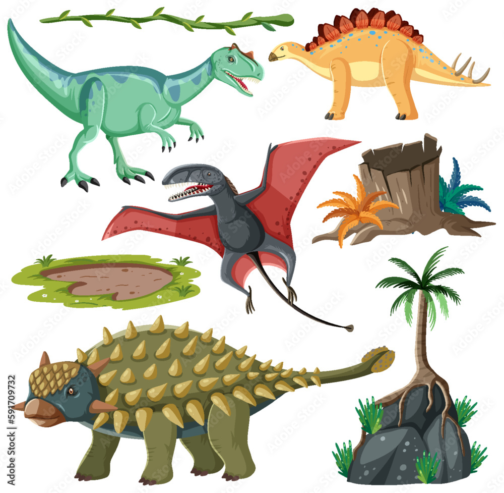 Fototapeta premium Dinosaur and Nature Elements Vector Collection