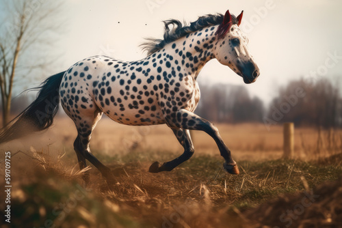 Horse appaloosa running  galloping in the field.