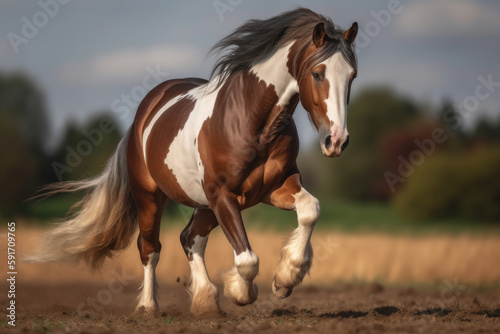Horse running, galloping in the field.