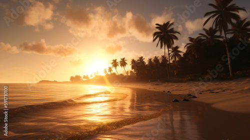 Golden Hour Beach on Morning Sunrise Casting a Warm Glow on the Shoreline. Generative AI © Akash
