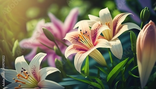 Gardens in the summertime often include fragrant lily hybrid blooms. Photograph of a natural floral backdrop, oriented horizontally. Generative AI photo