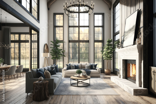 Beautiful living room interior with hardwood floors and fireplace in new luxury home. Neoclassical style with large windows. High quality generative ai