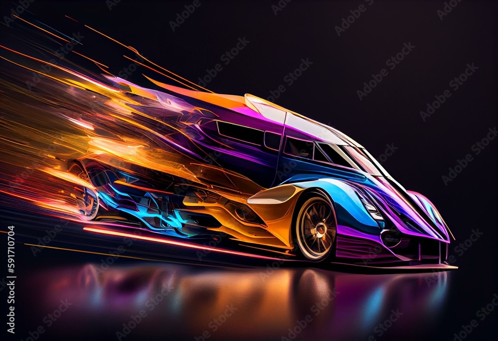 Colorful line of vehicle in fast speed movement (3D Rendering). Generative AI