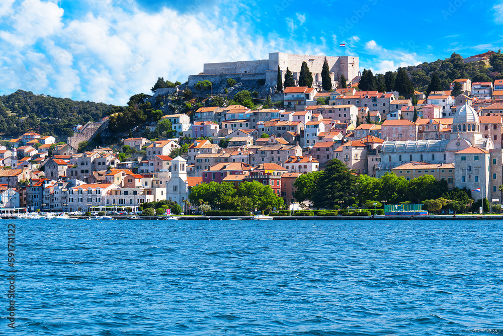 Sibenik, Croatia. Unesco city of Sibenik on coastline, Dalmatia, Croatia. Colorful historic town