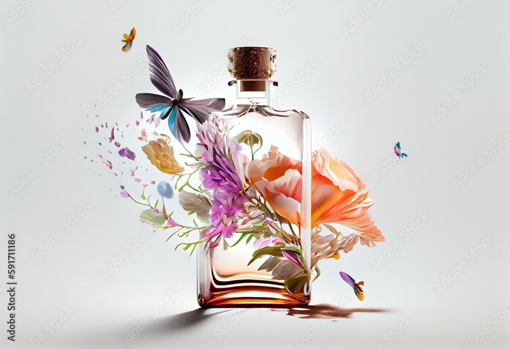 flying perfume bottle with flowers flying around on white background