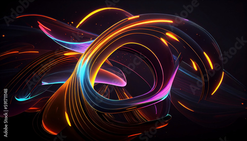 Abstraction of neon swirling lines in a chaotic pattern on a dark background.