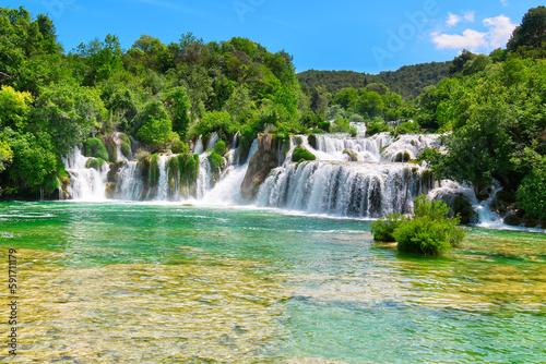 Beautiful Waterfall background. Beautiful Waterfall In Krka National Park - Croatia  Europe