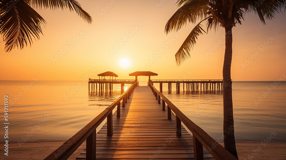 Obraz premium wooden bridge at sunset, generative AI Technology