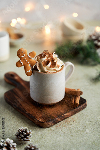 Hot Chocolate with Whipped Cream Gingerbread and Cinnamon