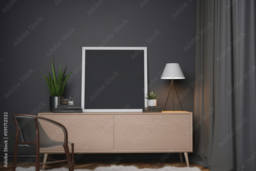 modern living room Mockup frame on a cabinet in a living room interior on empty dark wall background, Generative AI